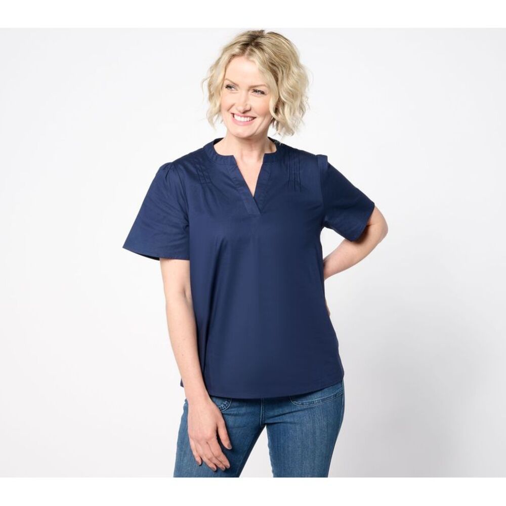 SUNNYLiFE Women's Top Sz XS Denim & Co. Poplin Short Sleeve Blouse w Blue